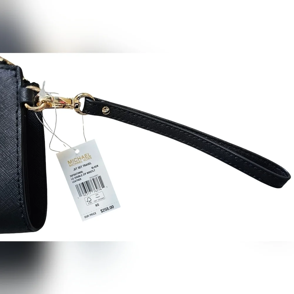 Michael Kors Black Jet Set Travel, LG Double Zip Wristlet Leather, New With Tags